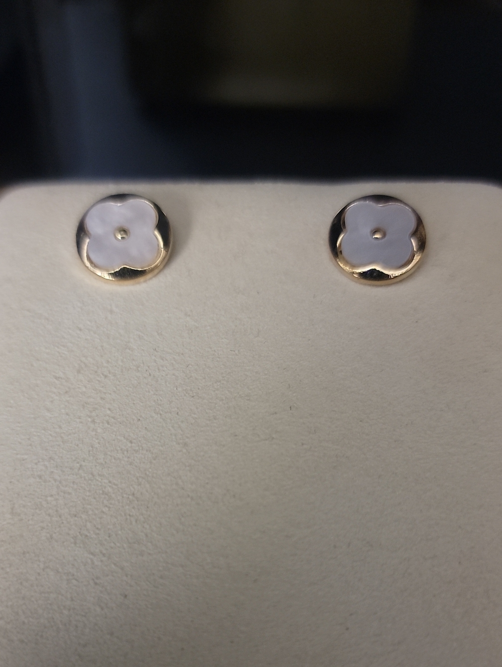 Gold-Trim Mother Of Pearl White Flower Stud Earrings